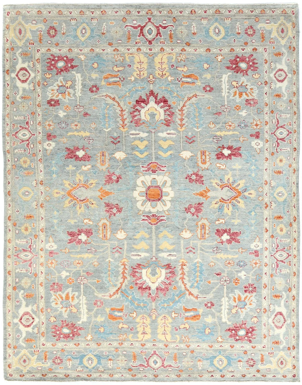 Hand Knotted Oushak Vibrant light Blue and Ivory 8x10 All-Over Large Floral Vine Crimson Raspberry Wool Area Rug