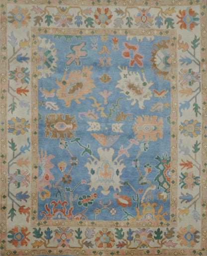 Vibrant Colourful Blue Ivory and Peach 8x10 Hand Knotted Traditional Floral Oushak Custom Made Wool Area Rug