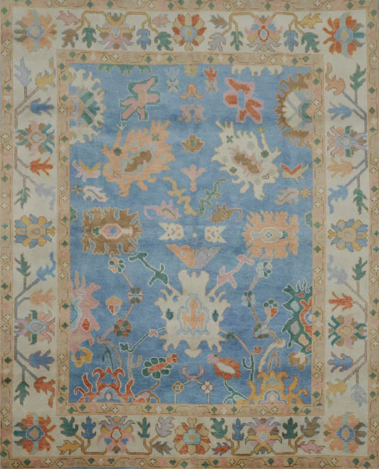 Vibrant Colourful Blue Ivory and Peach 8x10 Hand Knotted Traditional Floral Oushak Custom Made Wool Area Rug