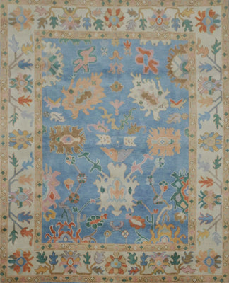 Vibrant Colourful Blue Ivory and Peach 8x10 Hand Knotted Traditional Floral Oushak Custom Made Wool Area Rug