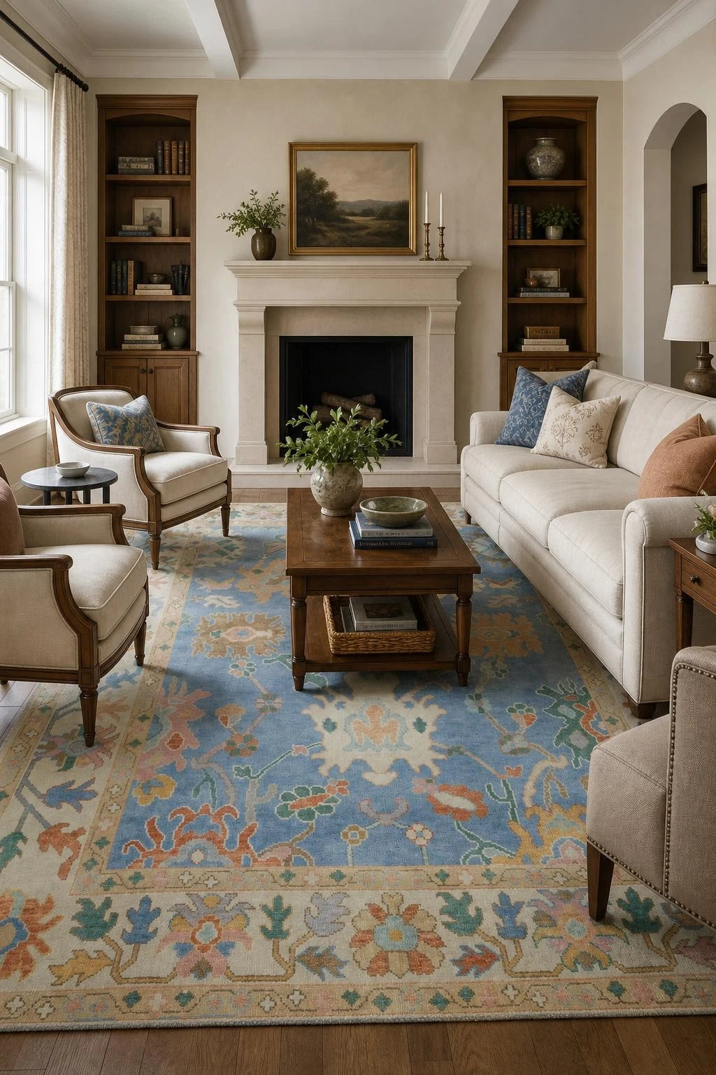 Vibrant Colourful Blue Ivory and Peach 8x10 Hand Knotted Traditional Floral Oushak Custom Made Wool Area Rug
