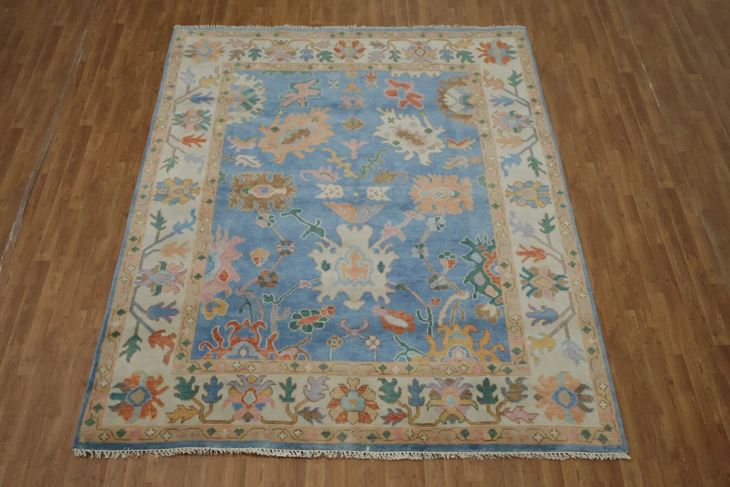 Vibrant Colourful Blue Ivory and Peach 8x10 Hand Knotted Traditional Floral Oushak Custom Made Wool Area Rug
