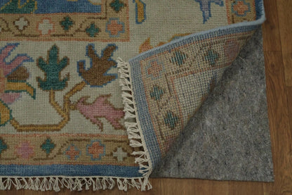 Vibrant Colourful Blue Ivory and Peach 8x10 Hand Knotted Traditional Floral Oushak Custom Made Wool Area Rug