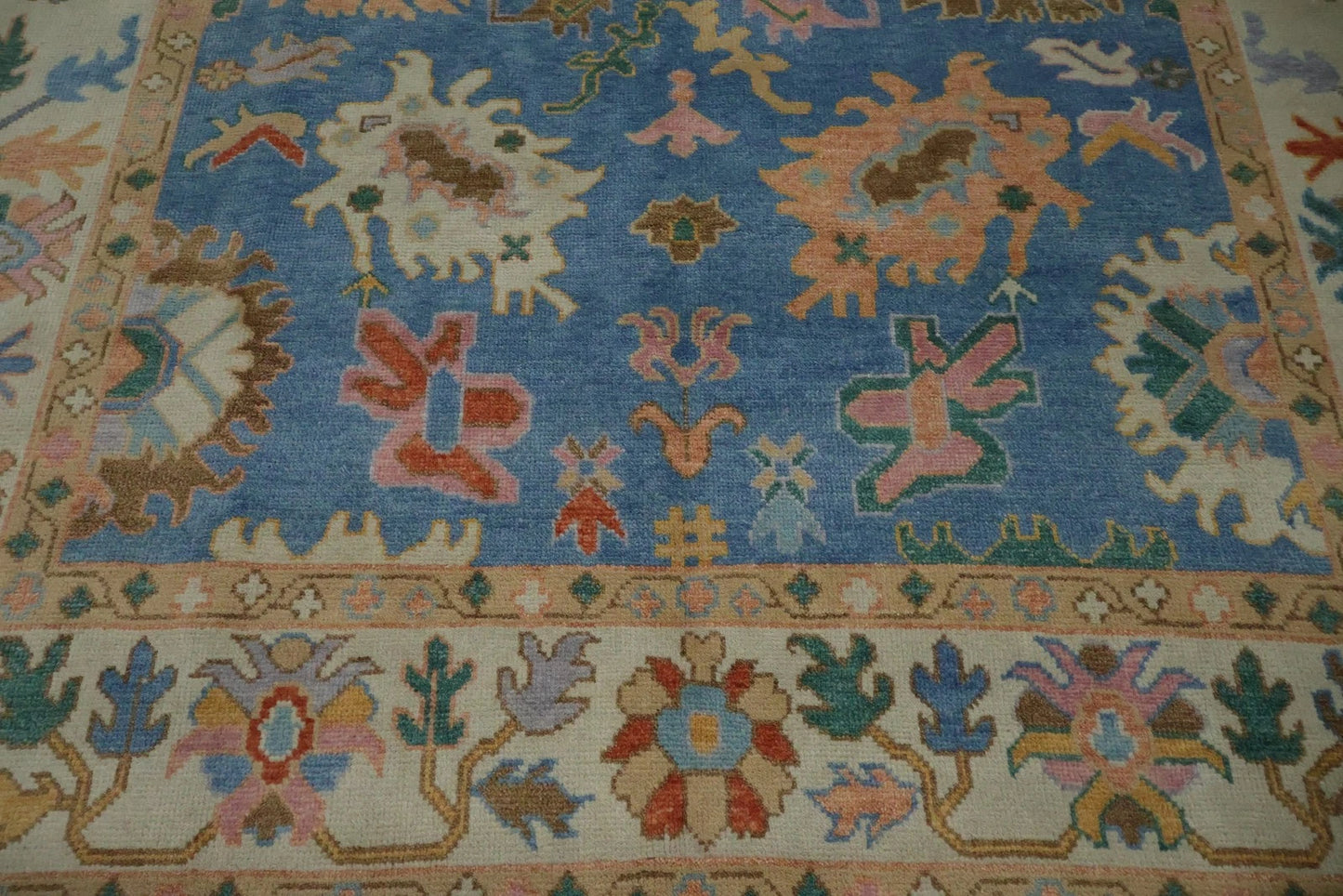 Vibrant Colourful Blue Ivory and Peach 8x10 Hand Knotted Traditional Floral Oushak Custom Made Wool Area Rug