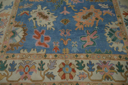 Vibrant Colourful Blue Ivory and Peach 8x10 Hand Knotted Traditional Floral Oushak Custom Made Wool Area Rug