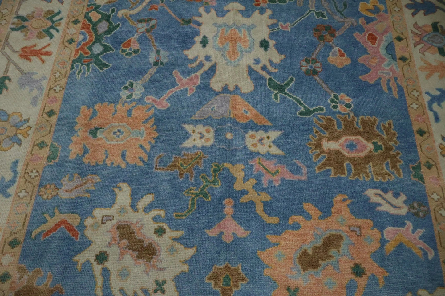 Vibrant Colourful Blue Ivory and Peach 8x10 Hand Knotted Traditional Floral Oushak Custom Made Wool Area Rug
