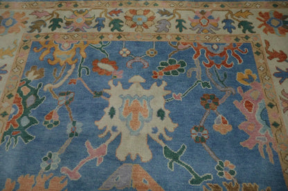 Vibrant Colourful Blue Ivory and Peach 8x10 Hand Knotted Traditional Floral Oushak Custom Made Wool Area Rug