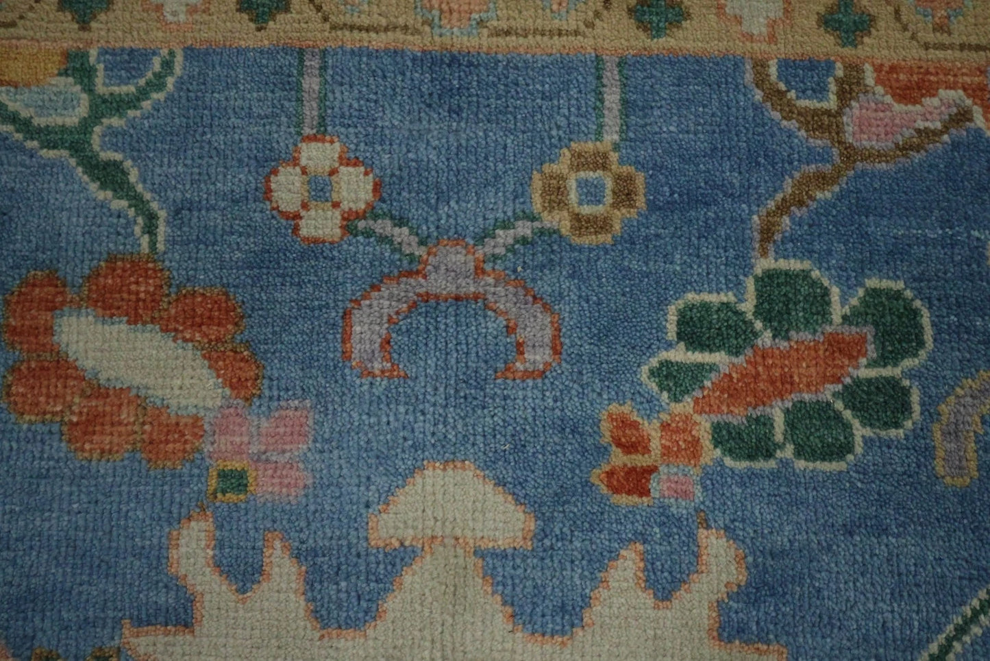 Vibrant Colourful Blue Ivory and Peach 8x10 Hand Knotted Traditional Floral Oushak Custom Made Wool Area Rug