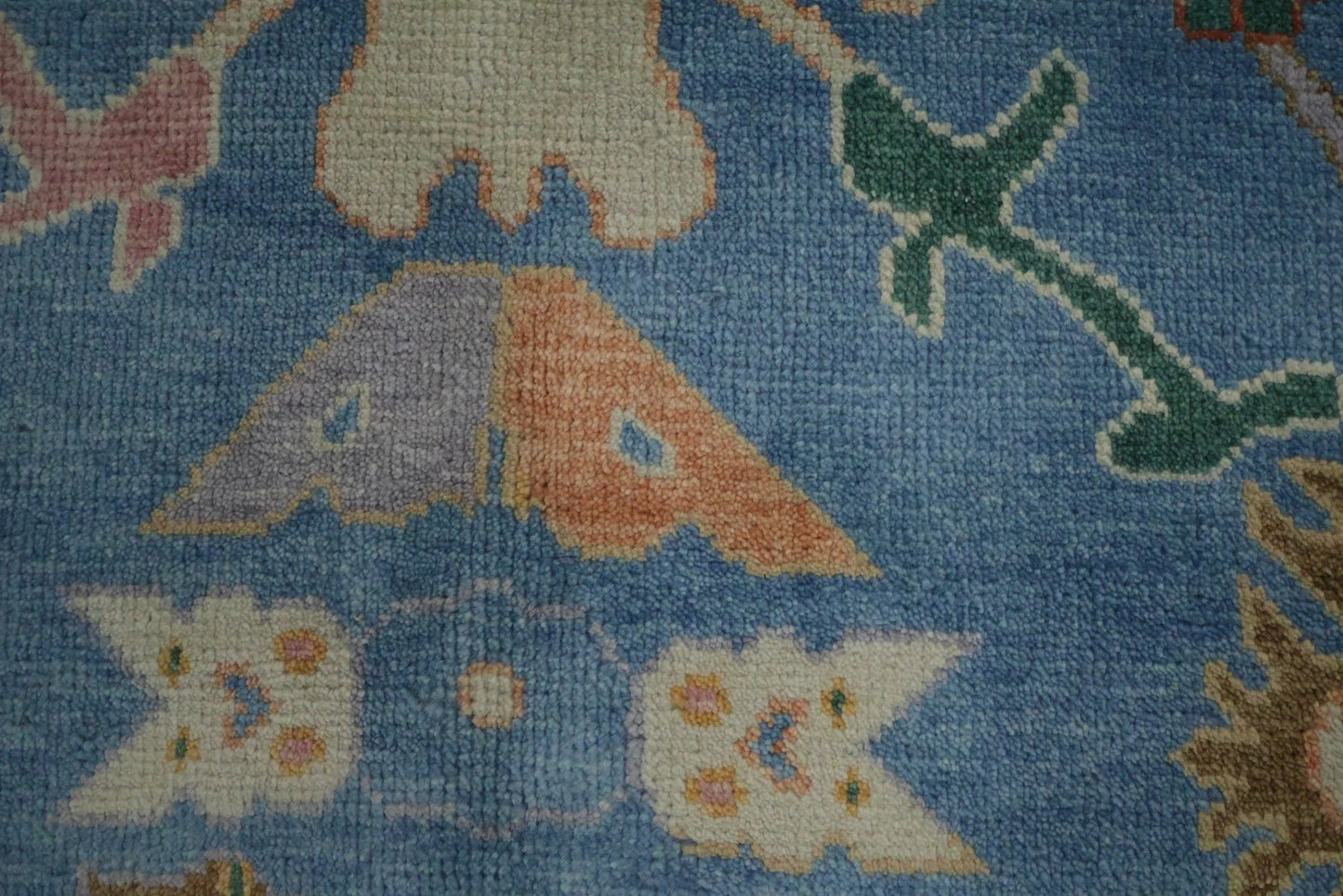 Vibrant Colourful Blue Ivory and Peach 8x10 Hand Knotted Traditional Floral Oushak Custom Made Wool Area Rug