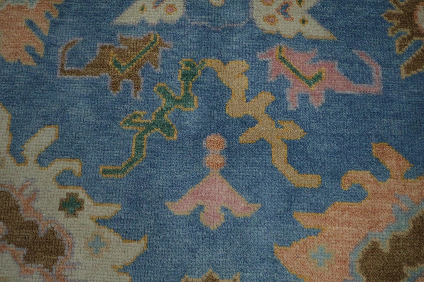 Vibrant Colourful Blue Ivory and Peach 8x10 Hand Knotted Traditional Floral Oushak Custom Made Wool Area Rug