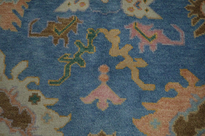 Vibrant Colourful Blue Ivory and Peach 8x10 Hand Knotted Traditional Floral Oushak Custom Made Wool Area Rug