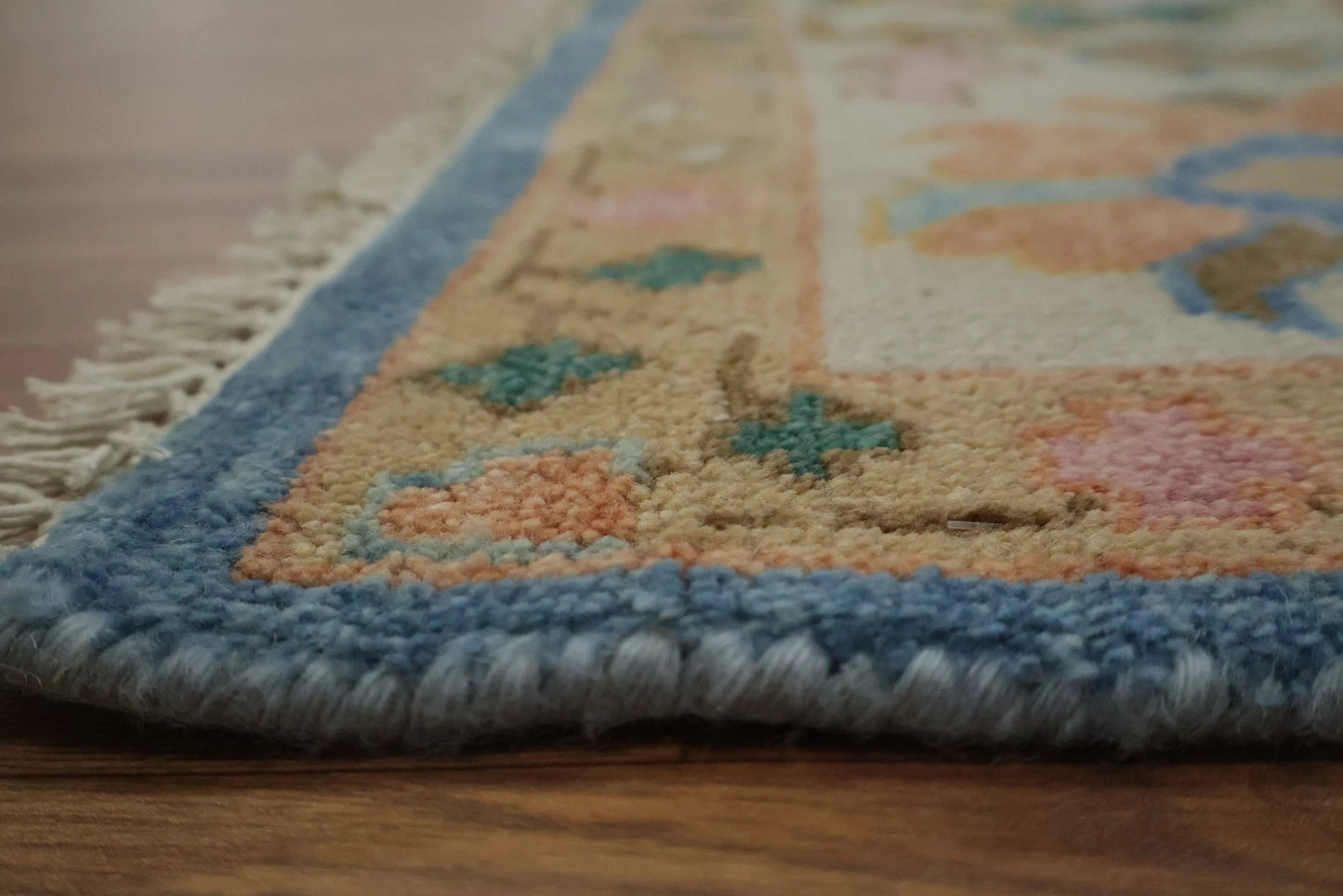Vibrant Colourful Blue Ivory and Peach 8x10 Hand Knotted Traditional Floral Oushak Custom Made Wool Area Rug