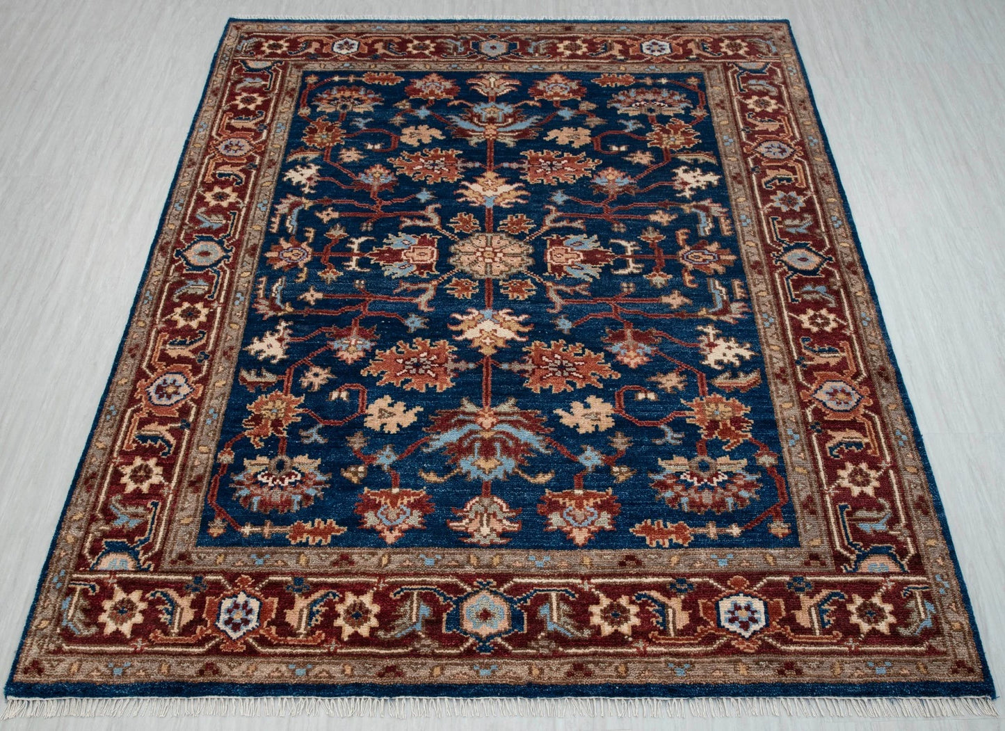 Navy Blue and Burgundy Floral Oushak Traditional 8x10 Hand Knotted Wool Area Rug