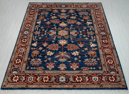 Navy Blue and Burgundy Floral Oushak Traditional 8x10 Hand Knotted Wool Area Rug