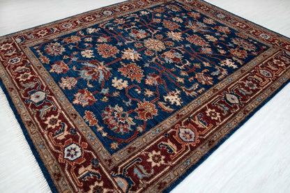 Navy Blue and Burgundy Floral Oushak Traditional 8x10 Hand Knotted Wool Area Rug