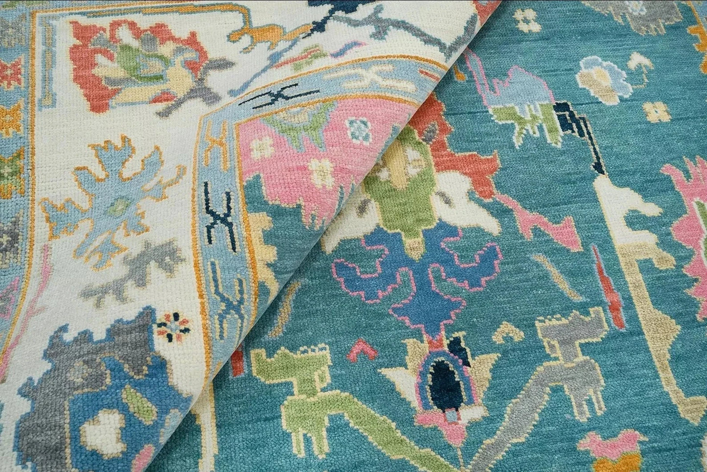 Traditional Oushak Vibrant Multicolour Floral Teal and Ivory Hand Knotted 8x10 Wool Area Rug