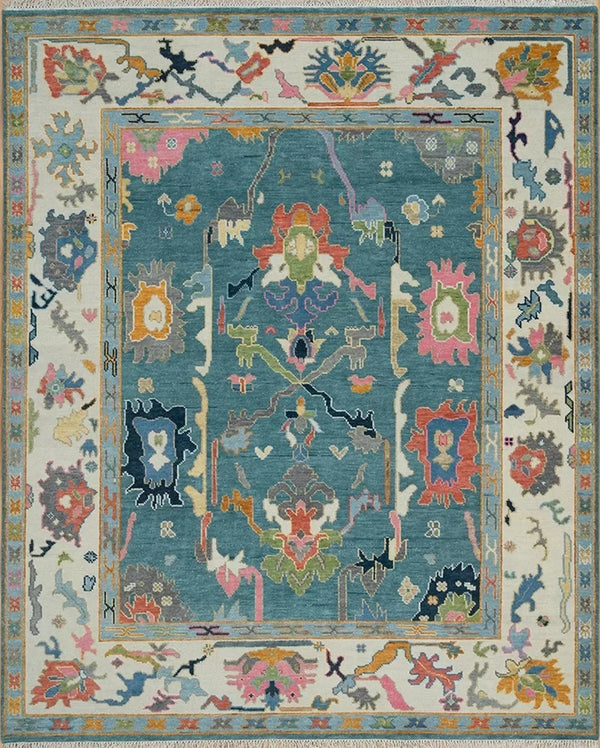 Traditional Oushak Vibrant Multicolour Floral Teal and Ivory Hand Knotted 8x10 Wool Area Rug
