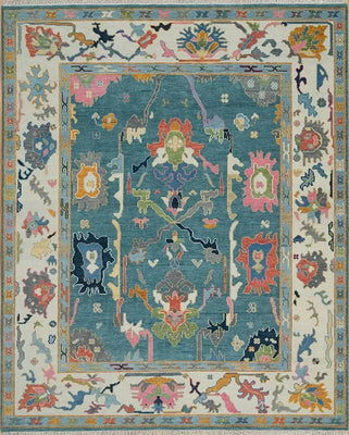 Traditional Oushak Vibrant Multicolour Floral Teal and Ivory Hand Knotted 8x10 Wool Area Rug
