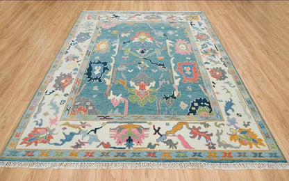 Traditional Oushak Vibrant Multicolour Floral Teal and Ivory Hand Knotted 8x10 Wool Area Rug