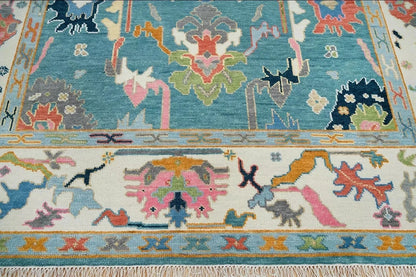 Traditional Oushak Vibrant Multicolour Floral Teal and Ivory Hand Knotted 8x10 Wool Area Rug