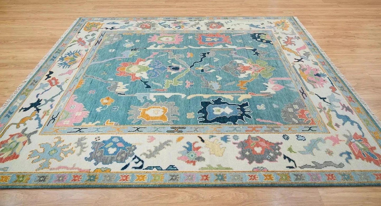 Traditional Oushak Vibrant Multicolour Floral Teal and Ivory Hand Knotted 8x10 Wool Area Rug