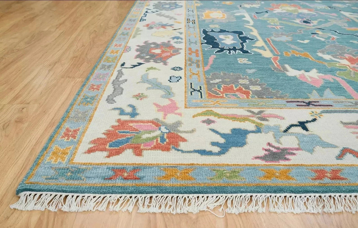 Traditional Oushak Vibrant Multicolour Floral Teal and Ivory Hand Knotted 8x10 Wool Area Rug