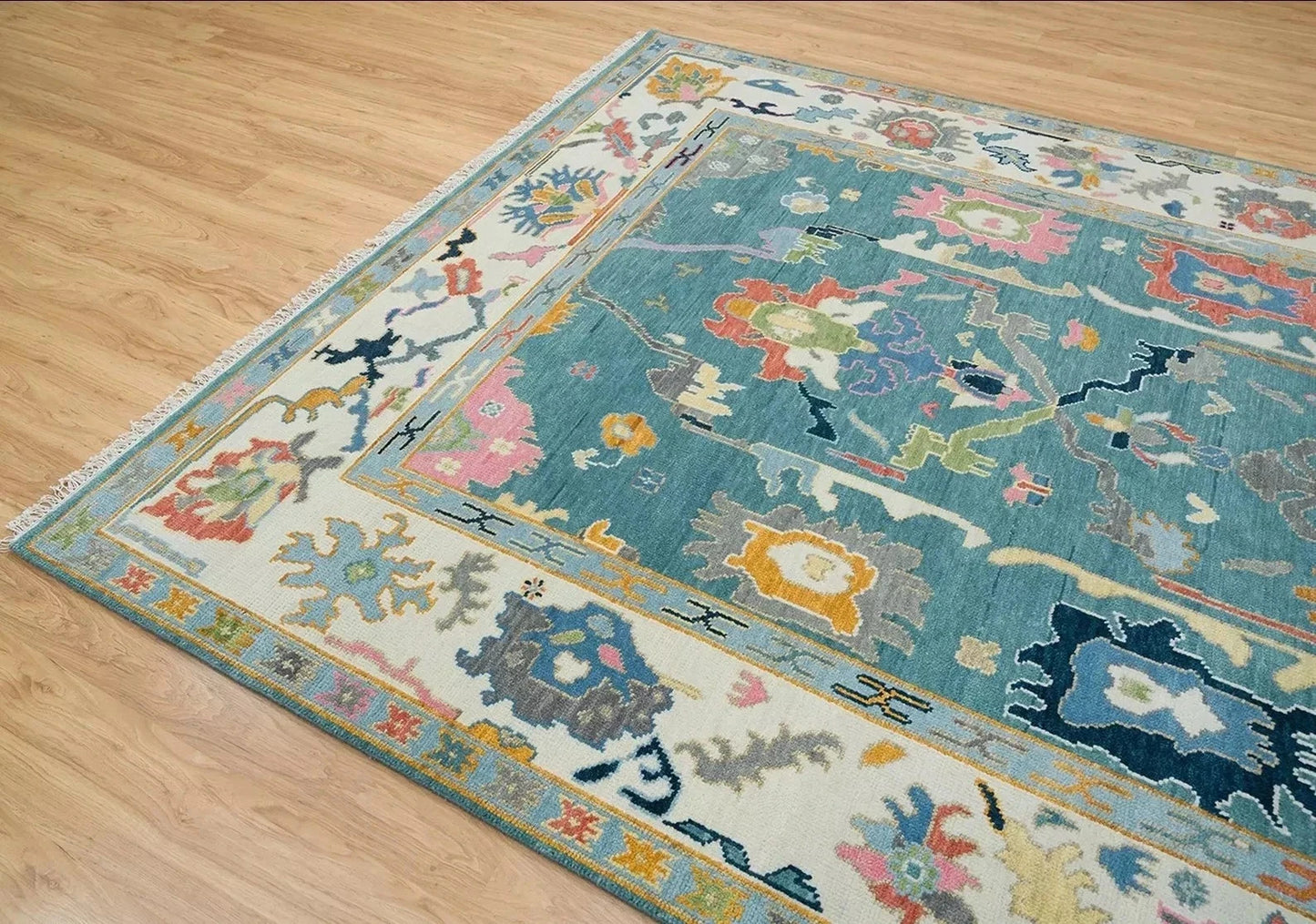 Traditional Oushak Vibrant Multicolour Floral Teal and Ivory Hand Knotted 8x10 Wool Area Rug