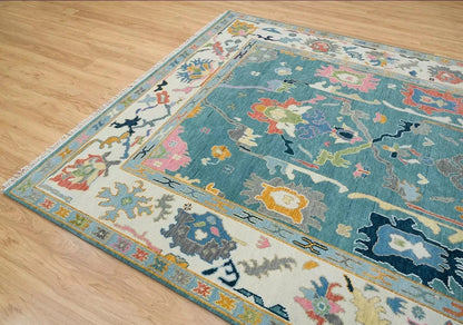 Traditional Oushak Vibrant Multicolour Floral Teal and Ivory Hand Knotted 8x10 Wool Area Rug