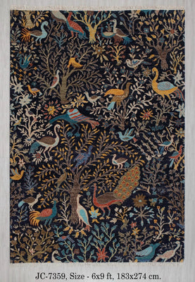 Hand Knotted Pictorial Black 6x9 Peacock and Bird Tree of Life Wool Area Rug