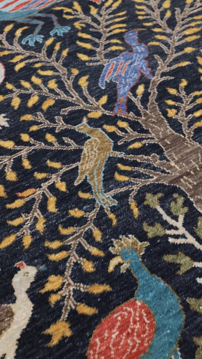 Hand Knotted Pictorial Black 6x9 Peacock and Bird Tree of Life Wool Area Rug