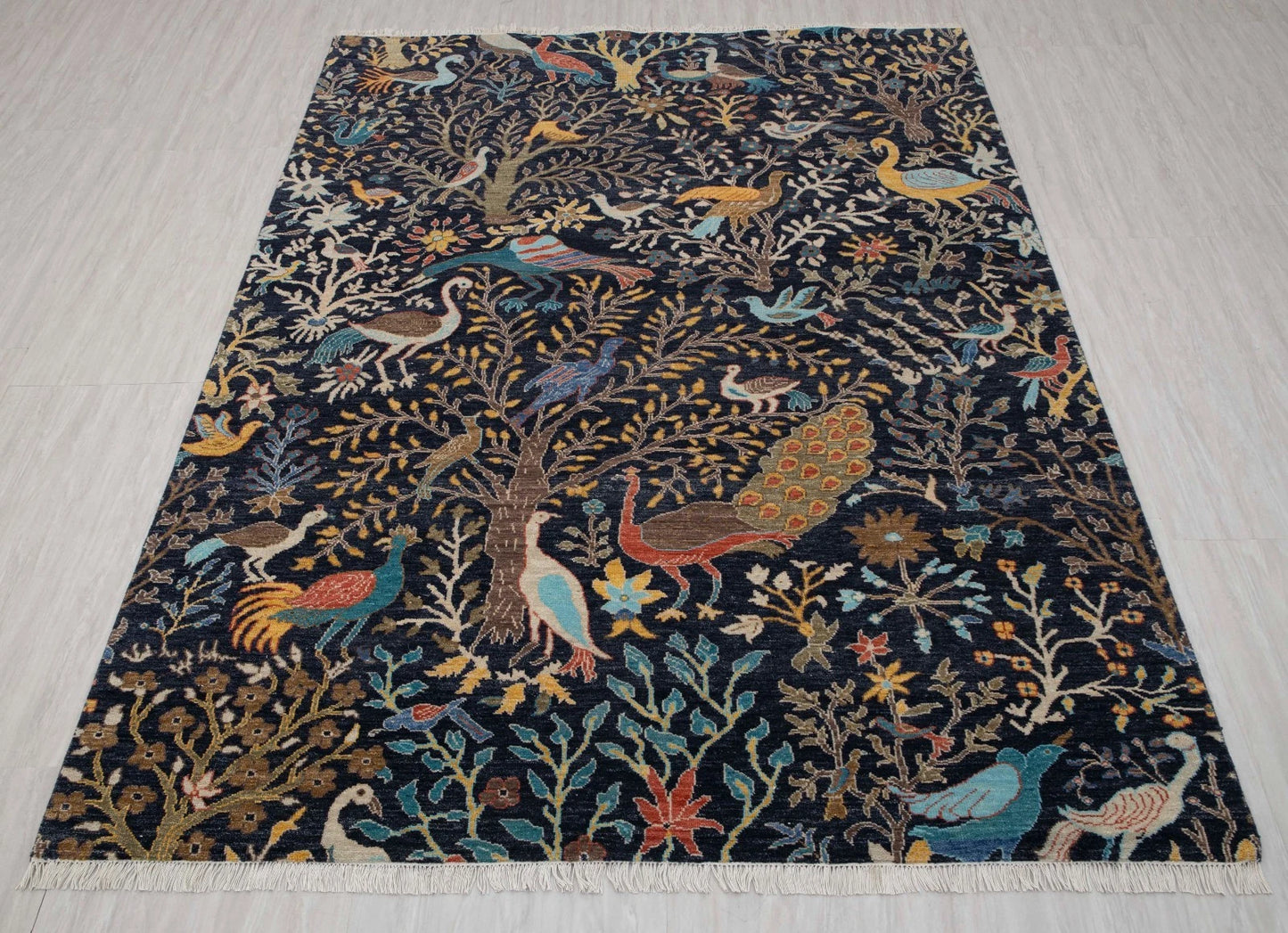 Hand Knotted Pictorial Black 6x9 Peacock and Bird Tree of Life Wool Area Rug