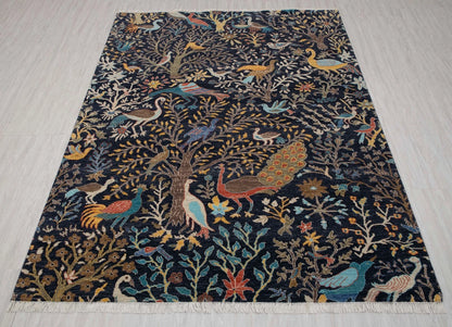 Hand Knotted Pictorial Black 6x9 Peacock and Bird Tree of Life Wool Area Rug
