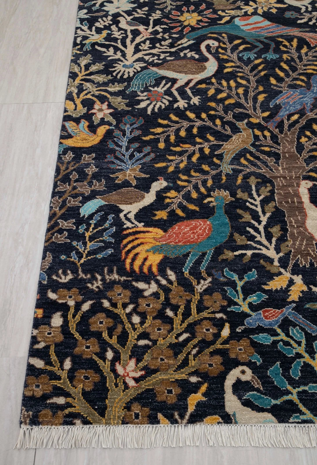 Hand Knotted Pictorial Black 6x9 Peacock and Bird Tree of Life Wool Area Rug
