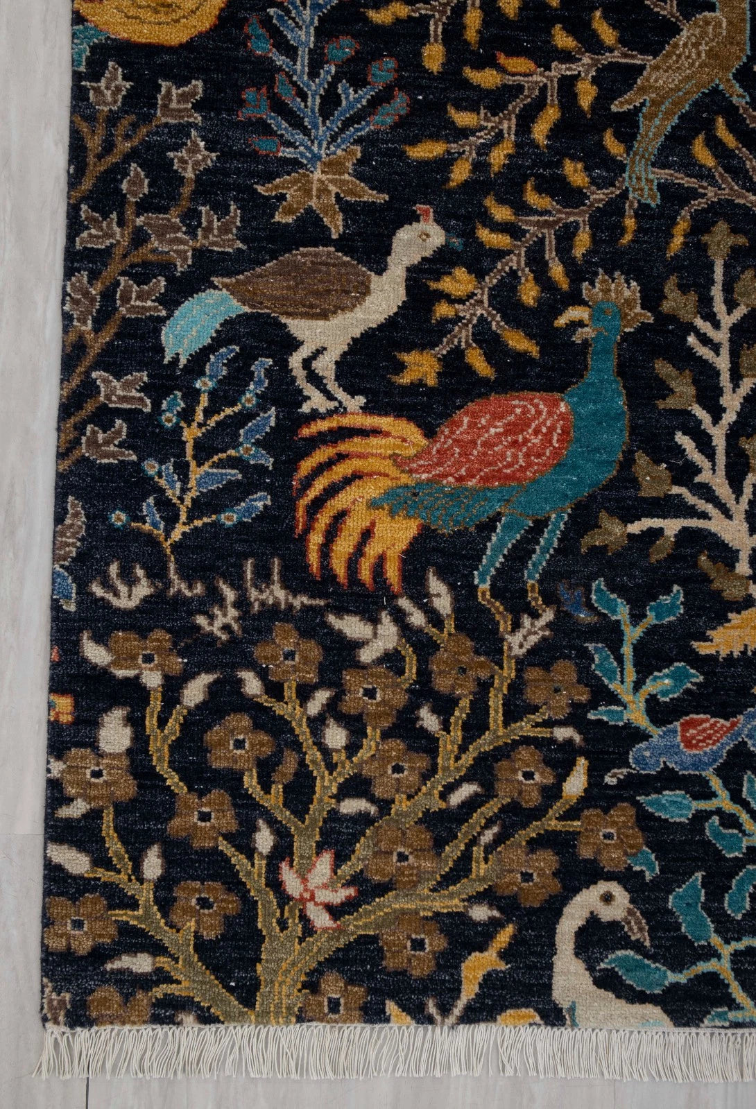 Hand Knotted Pictorial Black 6x9 Peacock and Bird Tree of Life Wool Area Rug