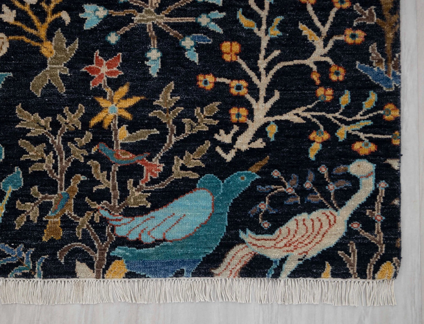 Hand Knotted Pictorial Black 6x9 Peacock and Bird Tree of Life Wool Area Rug