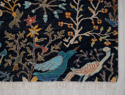 Hand Knotted Pictorial Black 6x9 Peacock and Bird Tree of Life Wool Area Rug