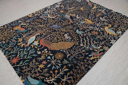 Hand Knotted Pictorial Black 6x9 Peacock and Bird Tree of Life Wool Area Rug
