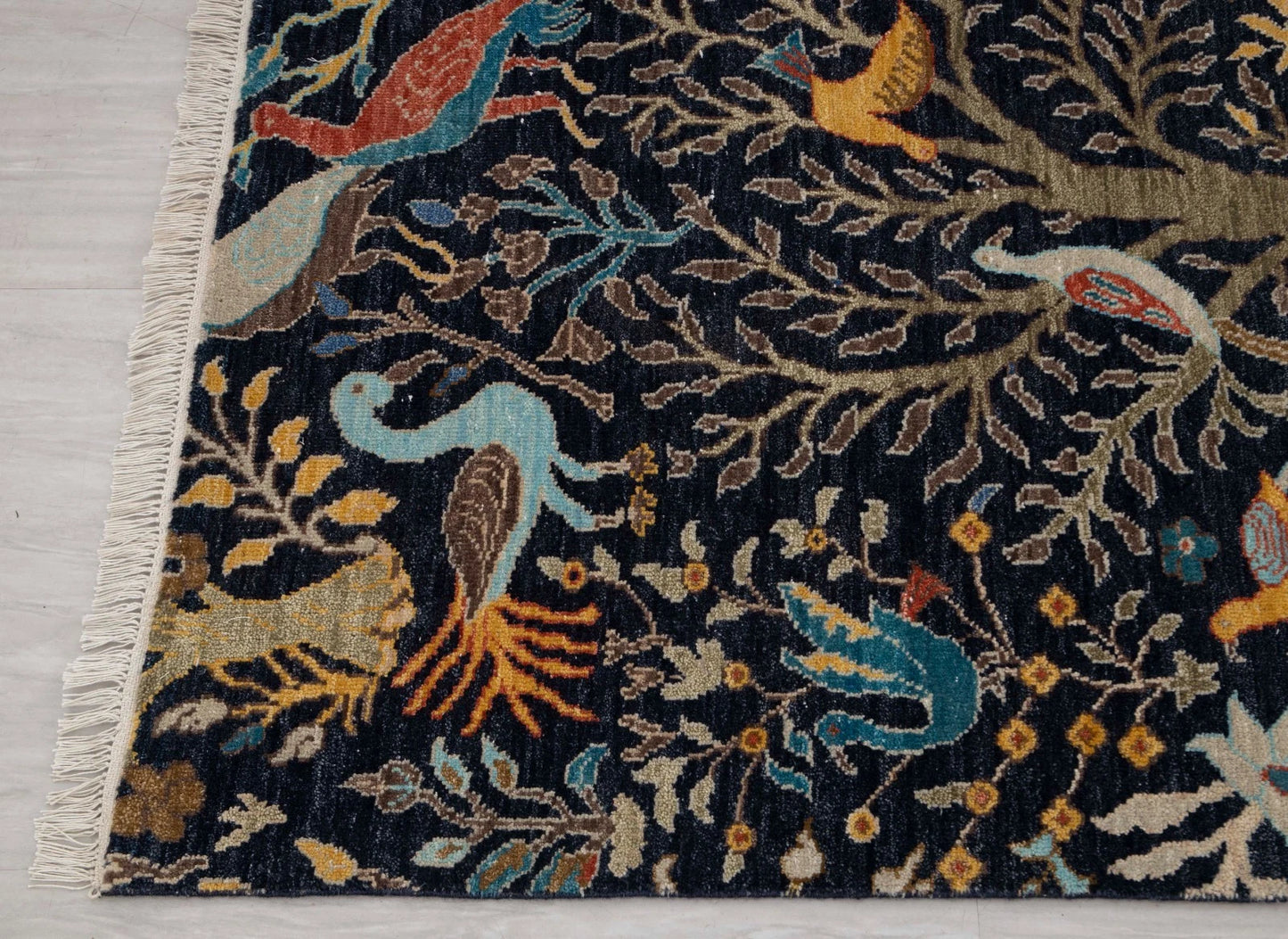 Hand Knotted Pictorial Black 6x9 Peacock and Bird Tree of Life Wool Area Rug