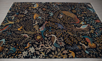 Hand Knotted Pictorial Black 6x9 Peacock and Bird Tree of Life Wool Area Rug