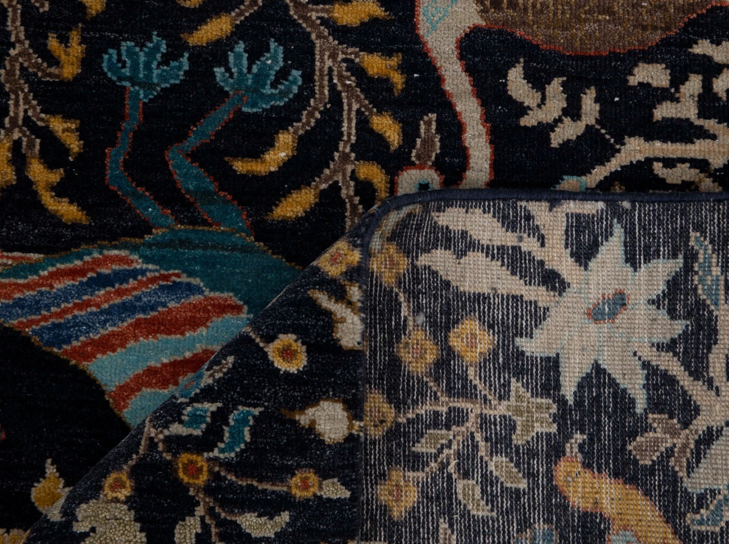 Hand Knotted Pictorial Black 6x9 Peacock and Bird Tree of Life Wool Area Rug