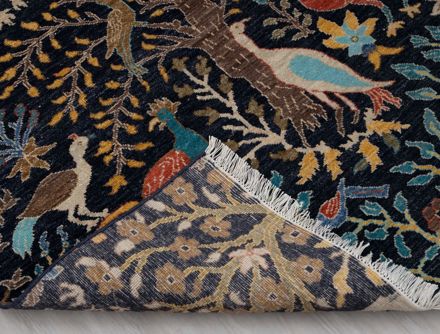 Hand Knotted Pictorial Black 6x9 Peacock and Bird Tree of Life Wool Area Rug