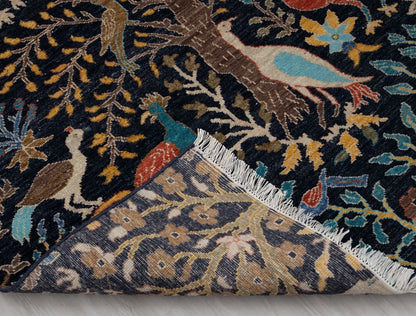 Hand Knotted Pictorial Black 6x9 Peacock and Bird Tree of Life Wool Area Rug