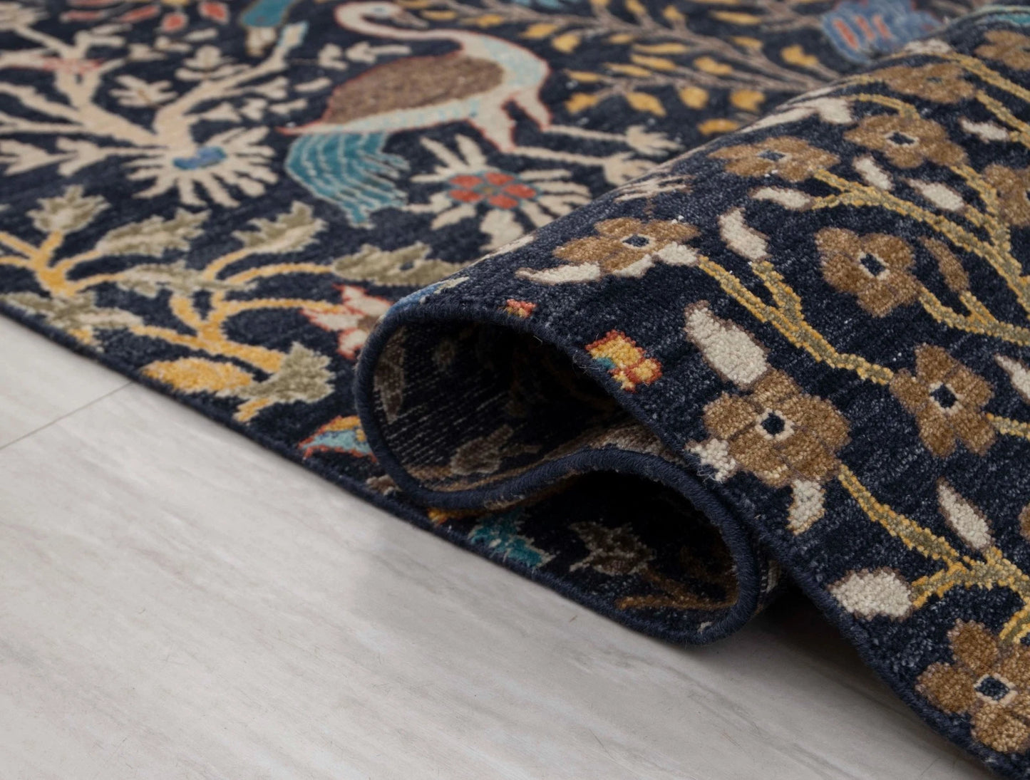 Hand Knotted Pictorial Black 6x9 Peacock and Bird Tree of Life Wool Area Rug