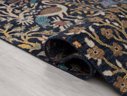 Hand Knotted Pictorial Black 6x9 Peacock and Bird Tree of Life Wool Area Rug