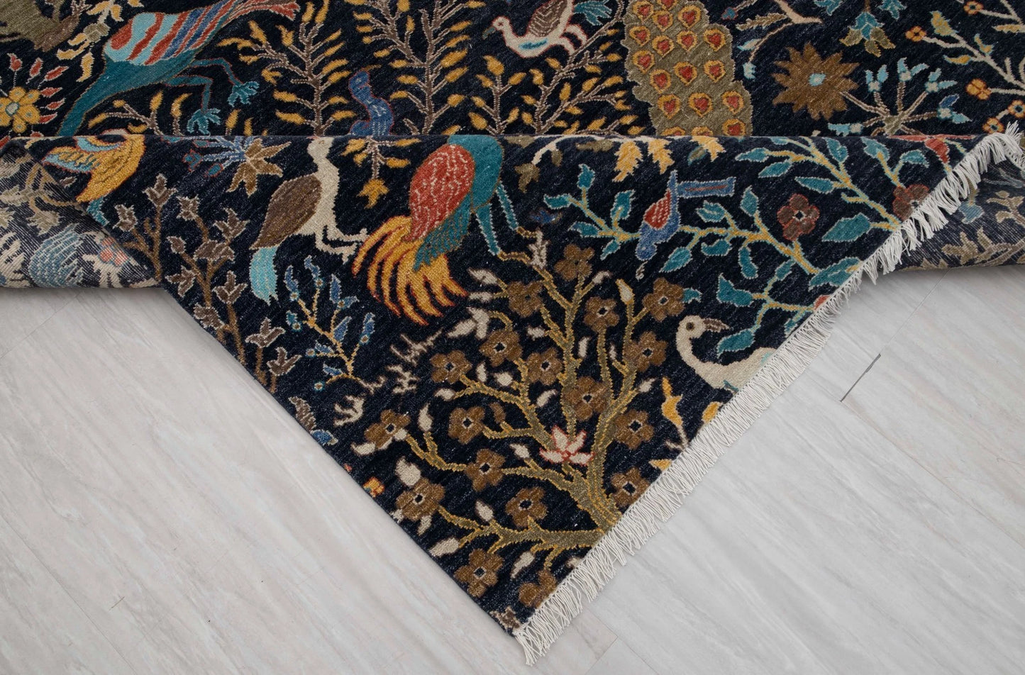 Hand Knotted Pictorial Black 6x9 Peacock and Bird Tree of Life Wool Area Rug