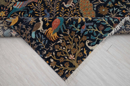 Hand Knotted Pictorial Black 6x9 Peacock and Bird Tree of Life Wool Area Rug