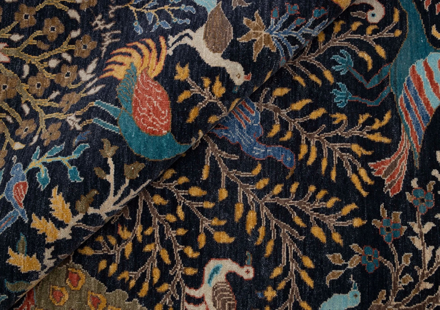 Hand Knotted Pictorial Black 6x9 Peacock and Bird Tree of Life Wool Area Rug