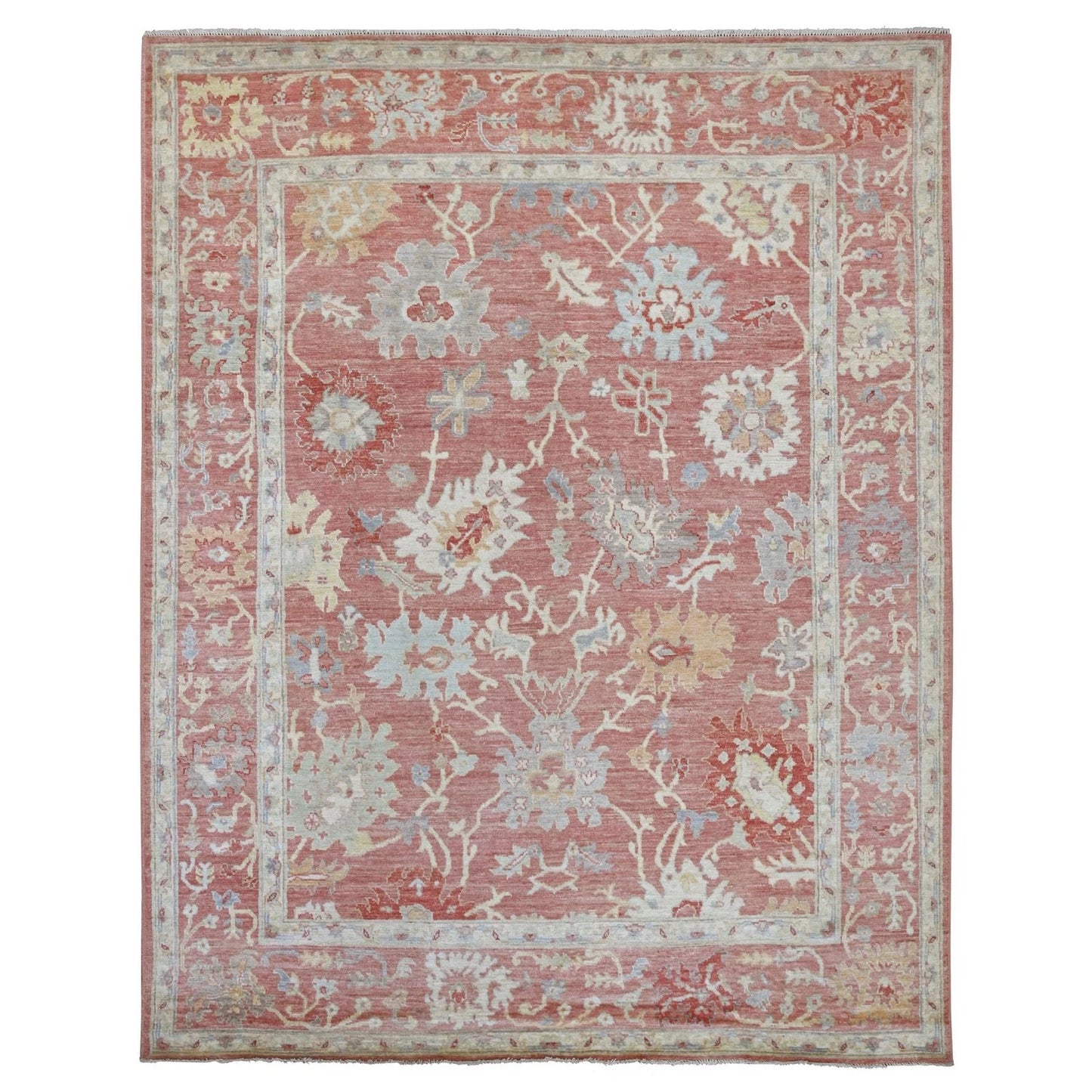 Soft Terracotta and Ivory 8x10 Hand Knotted Traditional Oushak Floral Wool Area Rug