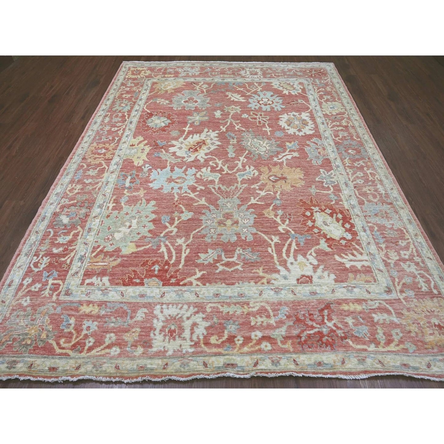 Soft Terracotta and Ivory 8x10 Hand Knotted Traditional Oushak Floral Wool Area Rug