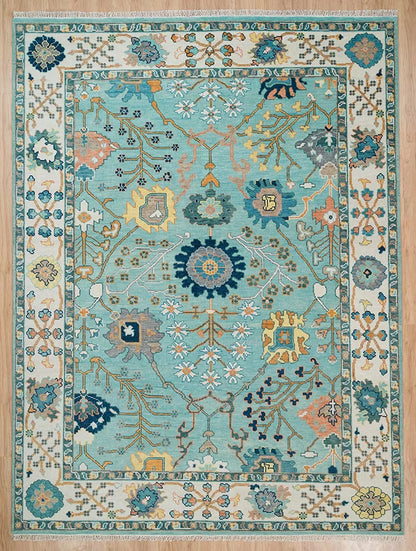 Vibrant Aqua and Ivory 8x10 Hand Knotted Oriental Oushak Floral Wool Area Rug